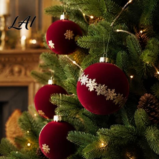 Christmas Party Background Decor 9Pcs Flocked Ball Ornaments Burgundy Velvet Balls with Gold Retro Supplies Embroidery Hanging Tree for Holiday Home