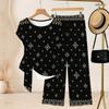 Women Plus Size Multicolor Printed Round Neck Short Sleeve Top And Long Pants Two Piece Set