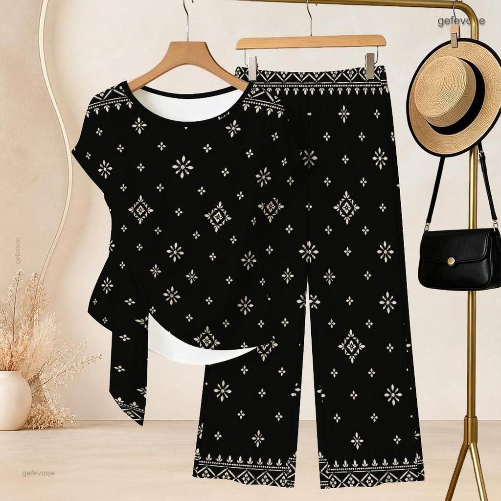 Women Plus Size Multicolor Printed Round Neck Short Sleeve Top And Long Pants Two Piece Set