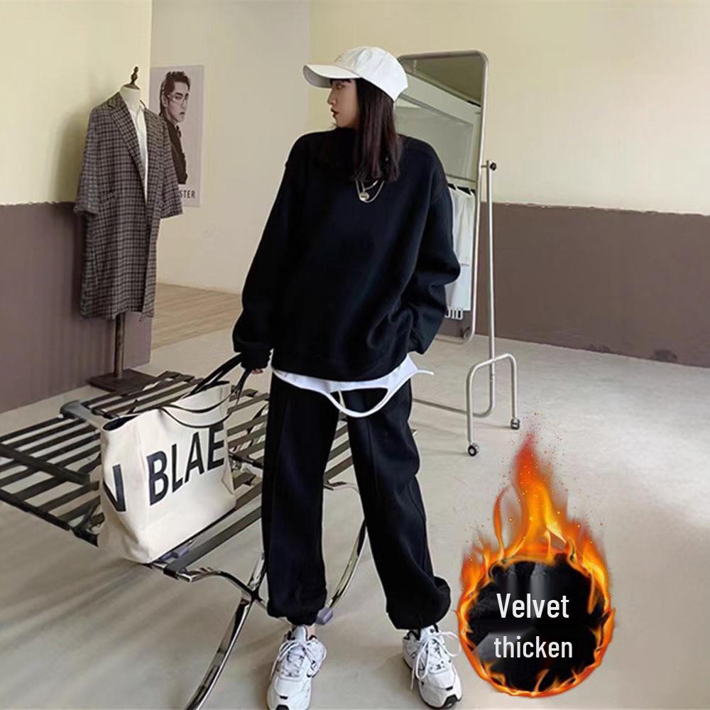 Women's 2025 Fleece-Lined Casual Sportswear Set: Autumn/Winter Fashion, Age-Reducing Loose Sweatshirt & Pants Two-Piece Set