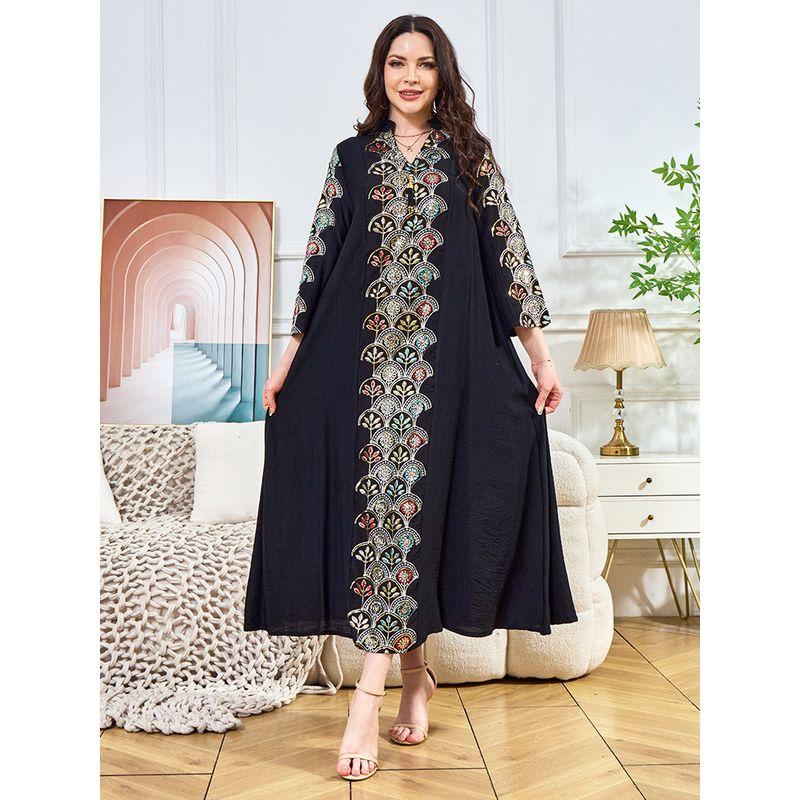 Magic Queen Indonesia Dubai Fan-Shaped Sequin Embroidered Ninth Sleeve Women's Robe V Neck Tassel Dress Dress