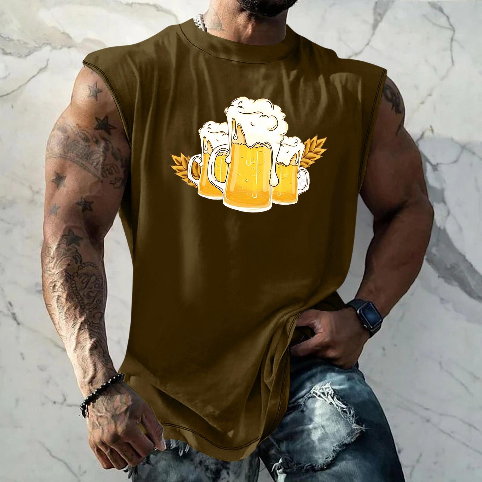 

Men Sleeveless Tank Top Loose Fit Casual Streetwear Muscle Shirt with Beer Mug Graphic Print for Sports Vacation Daily Wear XXL хаки