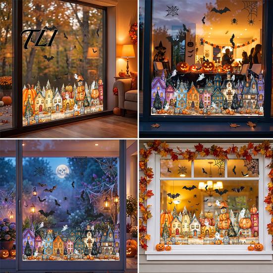 Easy Apply Glass Clings Halloween Window Clings, Pumpkins Skeletons Ghosts And Bats Print Decorative Decals, Electrostatic PVC Static