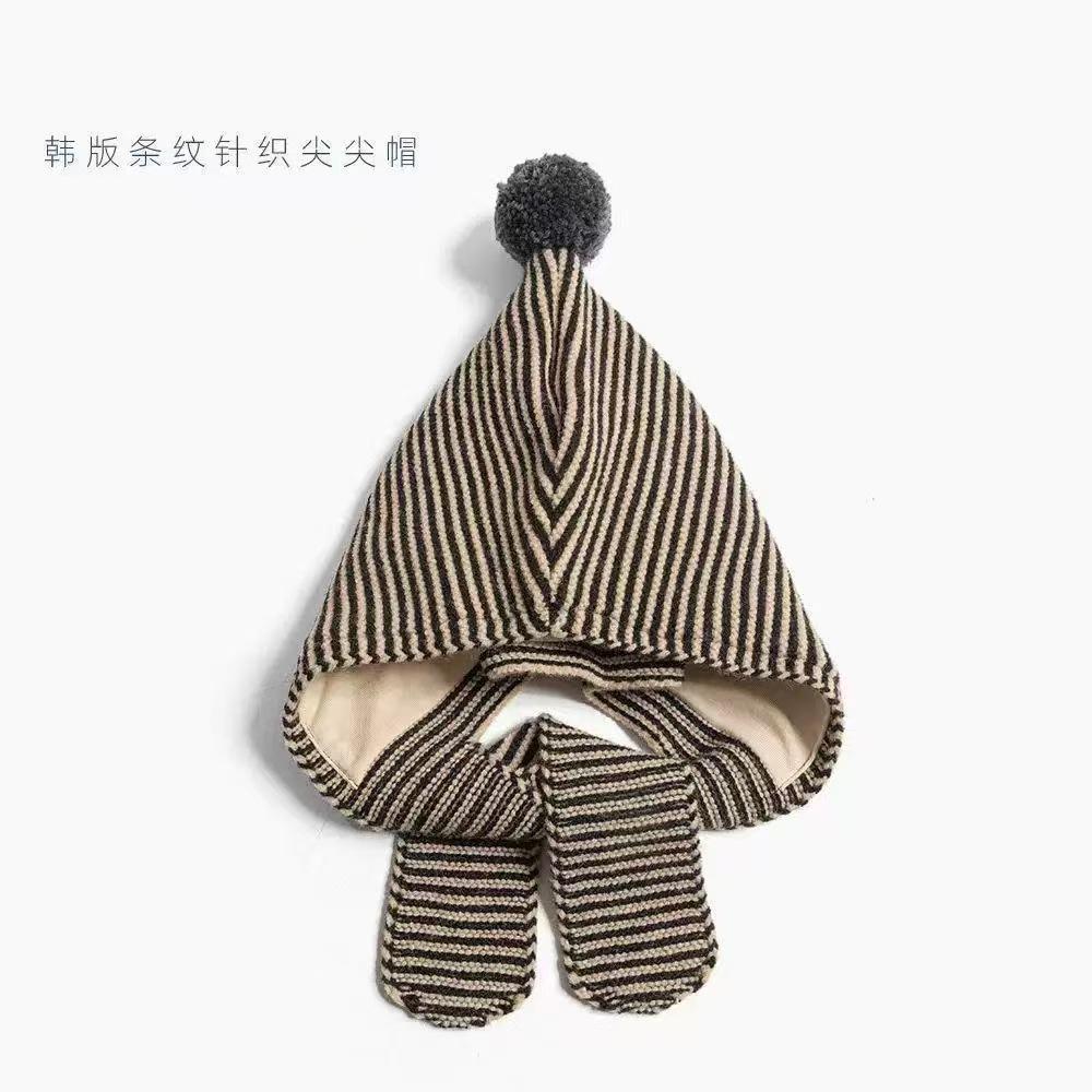 Children's striped hat and scarf integrated autumn and winter elf pointed hairball ear hat, windproof and warm for boys and girls