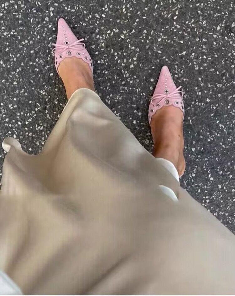 

Women s pointed toe parka mules, elegant butterfly high heels, flocked stiletto sandals, comfortable slip-on, spring fashion 40 рожевий