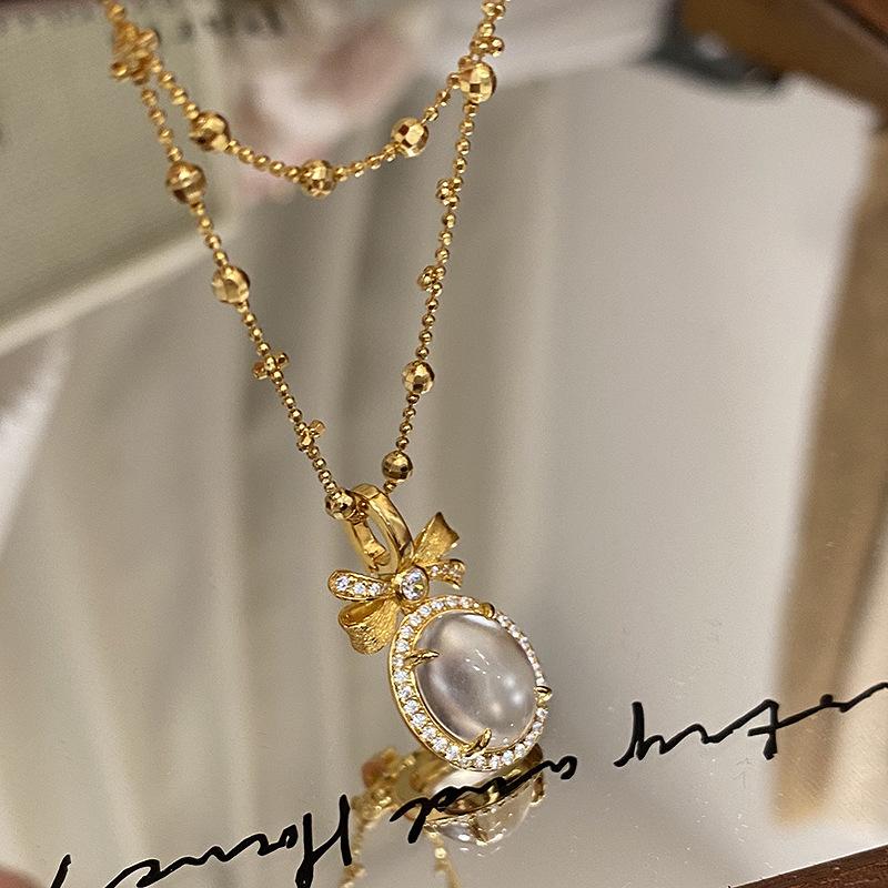 Natural chalcedony pendant exquisite brushed bowknot necklace for Women light luxury collarbone chain wedding  gift