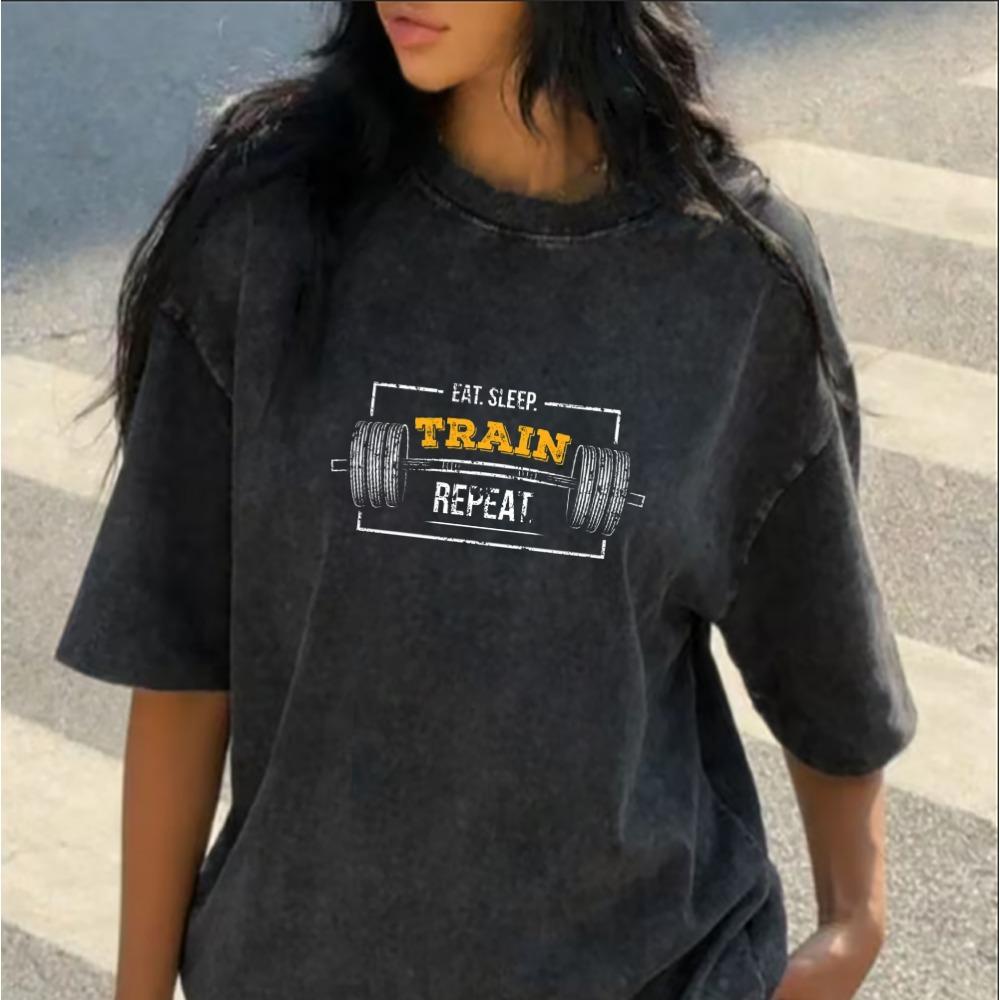 Washed Black Gym Barbell Graphic T-Shirt Eat Sleep Train Repeat Fitness Print Casual Crew Neck Top for Men Women