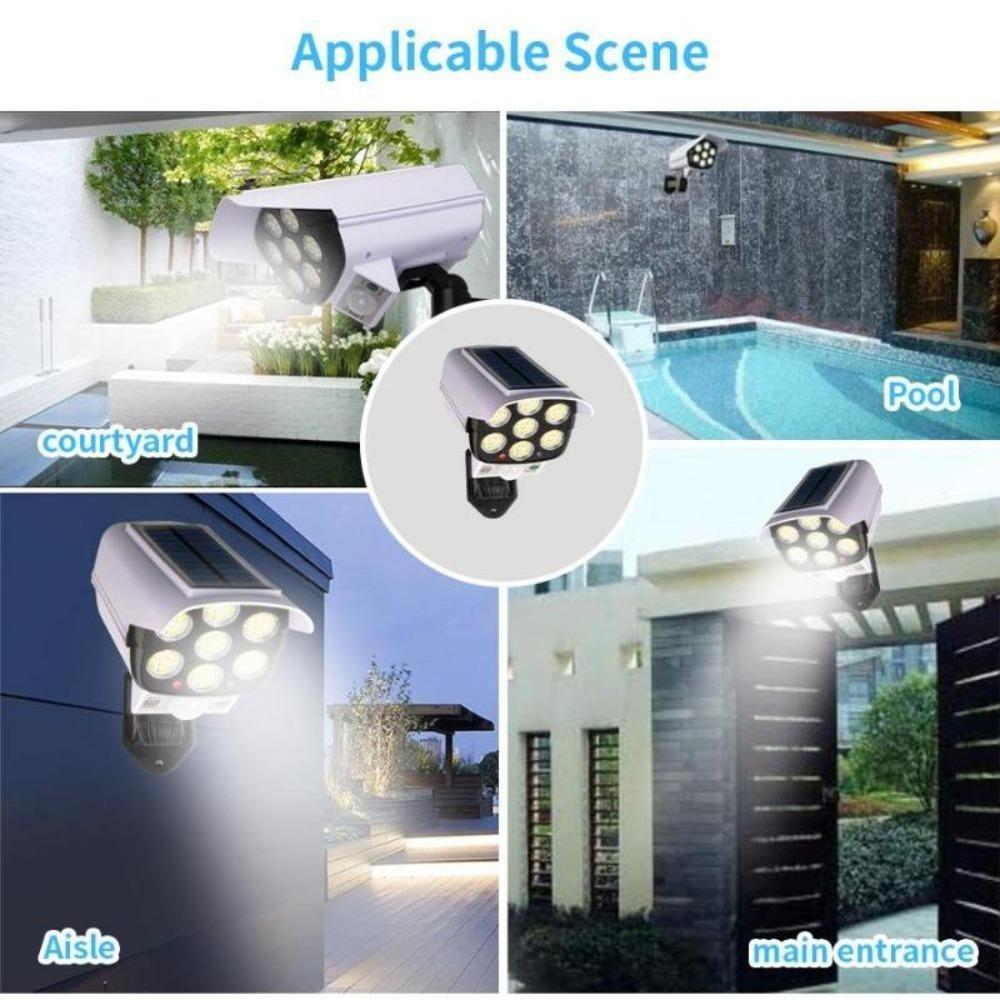 Solarleuchte für den Außenbereich mit Bewegungsmelder, Sicherheits-Attrappe, kabelloses Flutlicht, IP65, wasserdicht, 77 LEDs, 3 Modi, für den Hausgarten