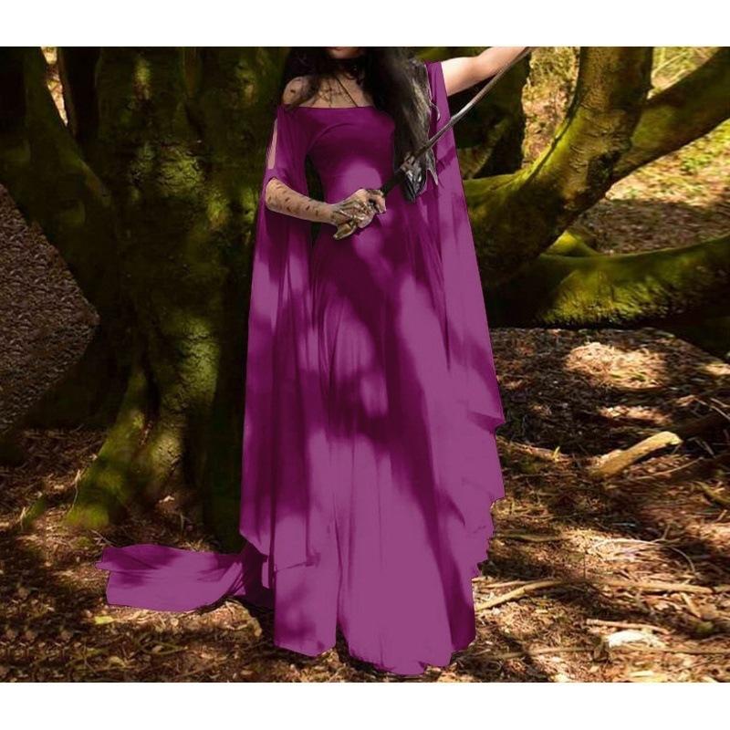 Vestido Largo Maxi de Mujer Hombros Descubiertos Manga Larga Ajustado Cintura Alta Elfo Hada Liso Gasa Vintage Disfraz de Cosplay de Halloween Vestido