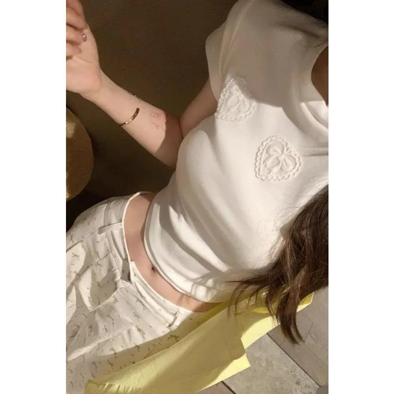 Lace Love Bow Short-sleeved Summer T-shirt Women's Slimming Short Top