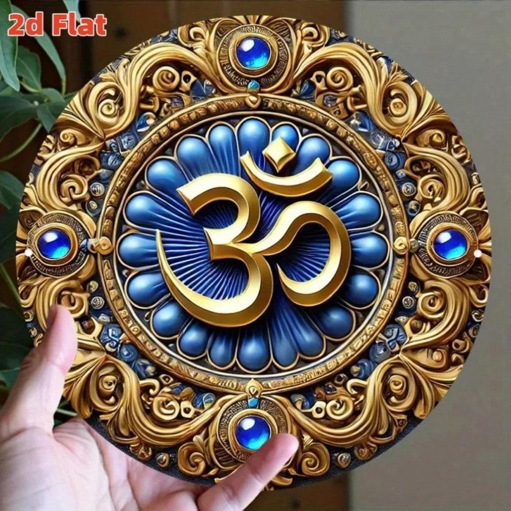 2D Om Mantra Wall Art Flat Blue Gold Sacred Geometry Meditation Decor 20x20