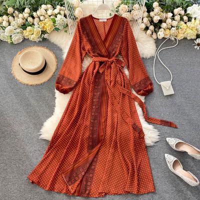 Damska sukienka maxi z szyfonu, damska, z nadrukiem, sznurowana w pasie, z długimi rękawami, z pasem w talii, w stylu vintage, z rozkloszowaną długą sukienką w kształcie litery A