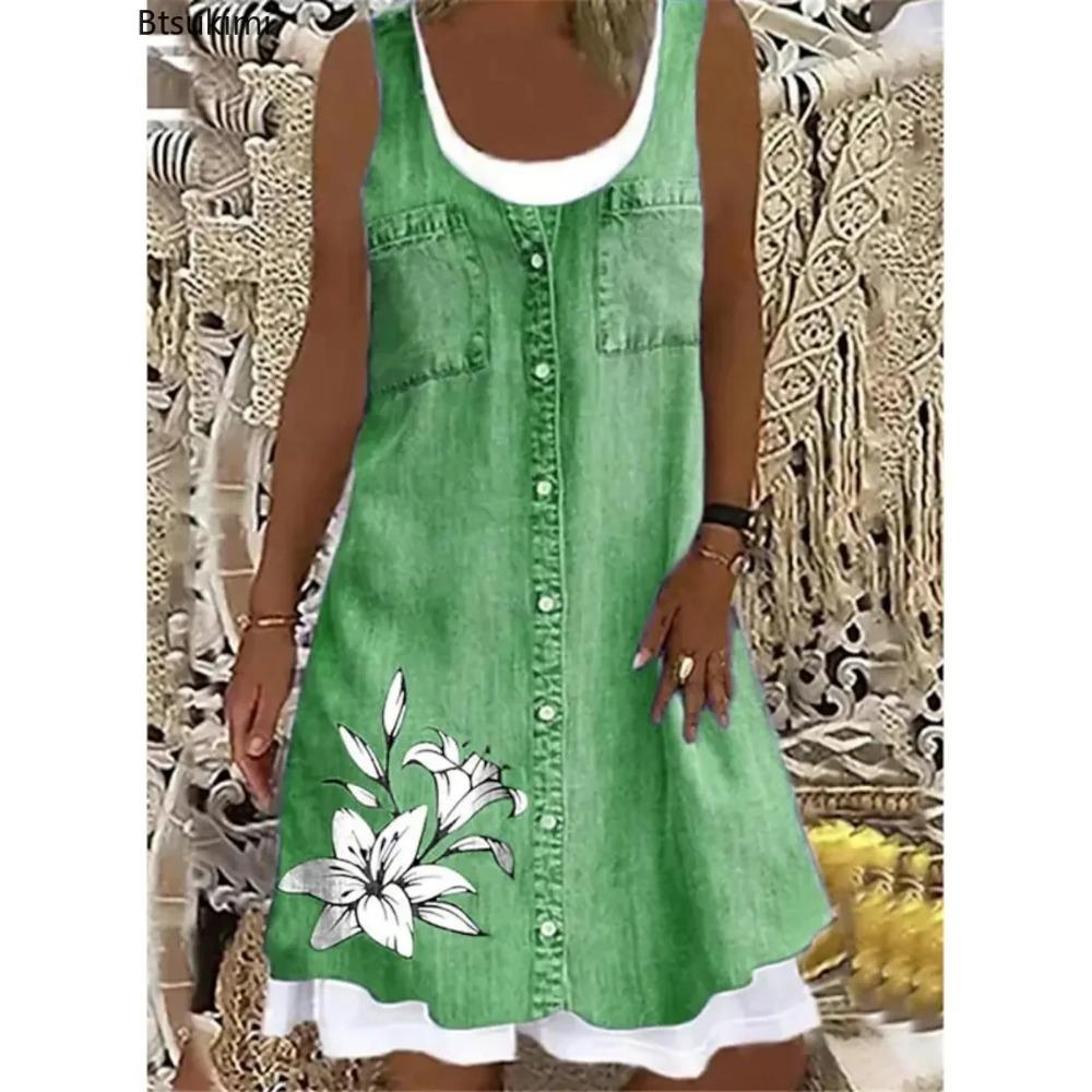 Nouvelle robe 2025 pour femme à impression numérique Fausse pièce deux pièces Imitation Jean Robe Décontractée Ample Col Rond Robe débardeur Femme Vestidos