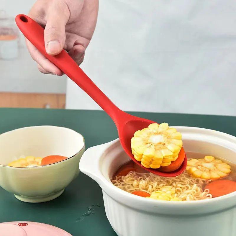 Silicone Dessert Mixing Spoon Food Grade Baby Food Spoon Long Handled Silicone Soup Spoon With Hanging Hole Kitchen Accessories