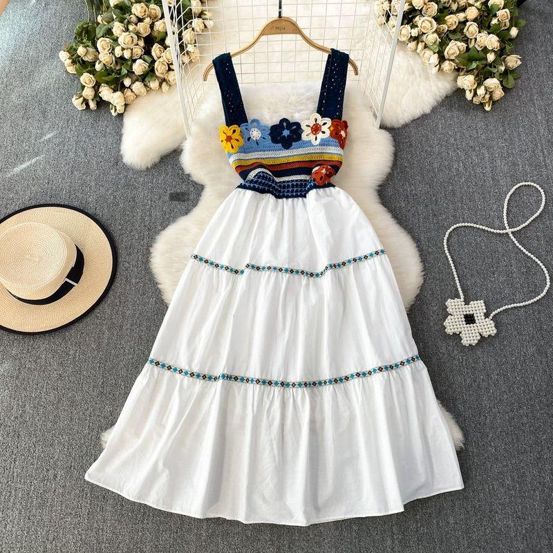 

Retro Three-Dimensional Flower Knitted Patchwork A- line Slip Dress Navy blue One size