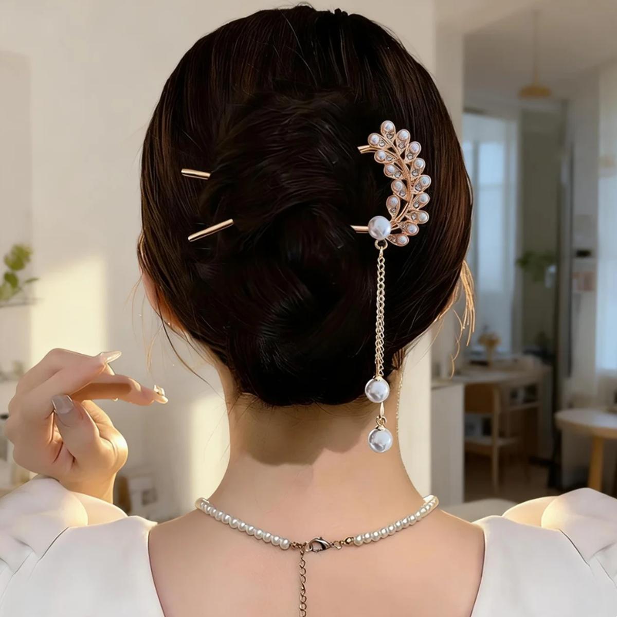 

Vintage Pearl Tassel Hairpin for Women, Gold Plated Wheat Leaf Hair Stick, Elegant Chinese Style Hair Accessory for Hanfu & Daily Wear