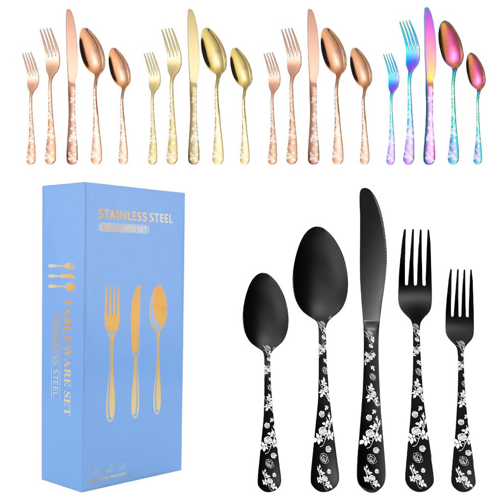 New Pattern Stainless Steel Tableware 40 Pieces Suit PVD Plated Printed Black Carved Handle Laser