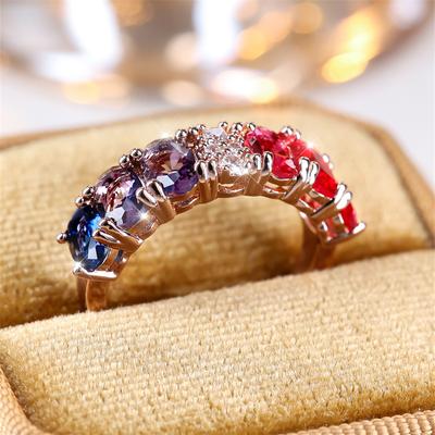 Fashion Rose Golden Color Oval Cut Red Purple Blue Stone Ring Luxury Love Engagement Ring Vintage Wedding Jewelry