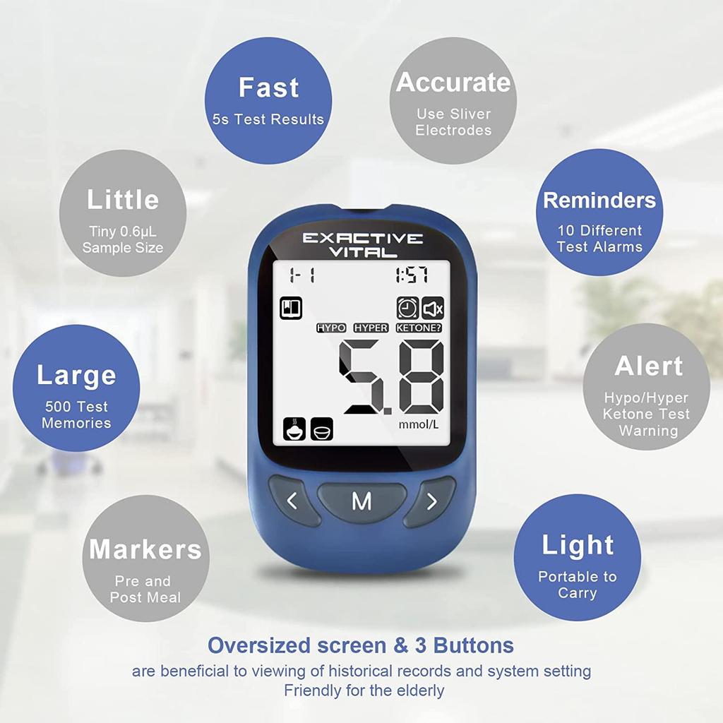 Lecteur de glycémie EXACTIVE VITAL avec bandelettes de test et lancettes pour l'exportation