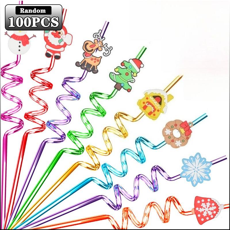 Christmas Plastic Drinking Straws Cute Santa Snowflake Reindeer Straws Party Favors for Kids Holiday Xmas Party Supplies