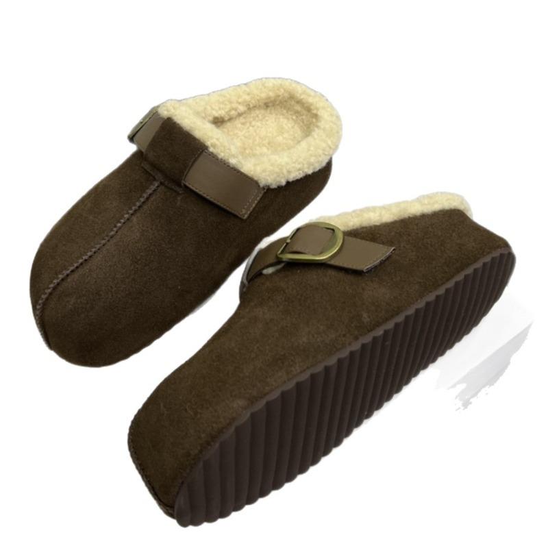 Cowhide version inner height-increasing women's shoes new autumn and winter thick-soled lamb wool shoes outer bag head slippers