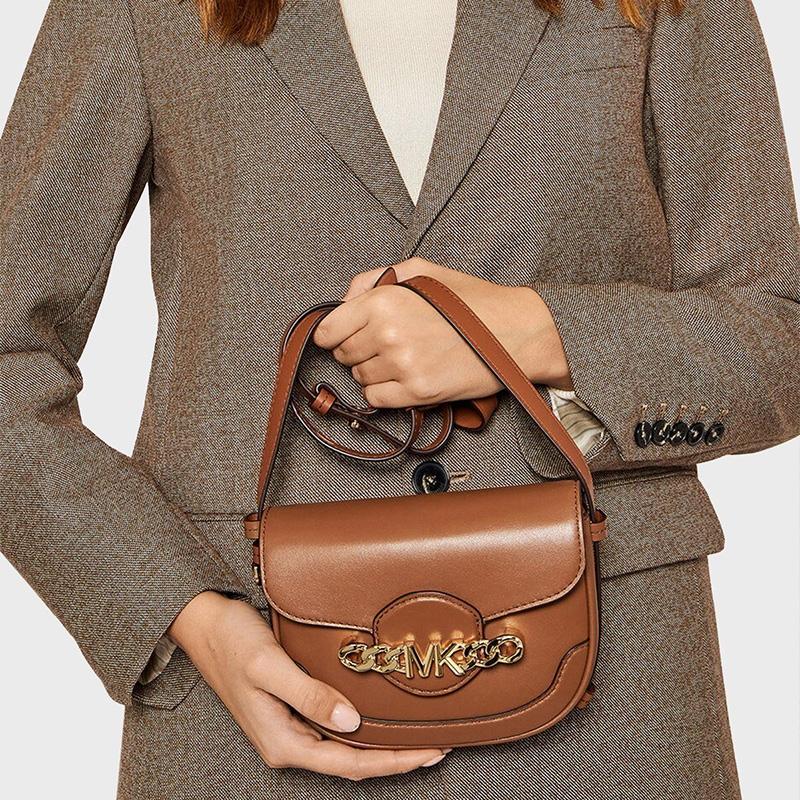 Michael Kors Hally Solid Color Vintage Letter Buckle Leather Saddle Bag Women Shoulder Bag Brown 32F1G2HC1L-230