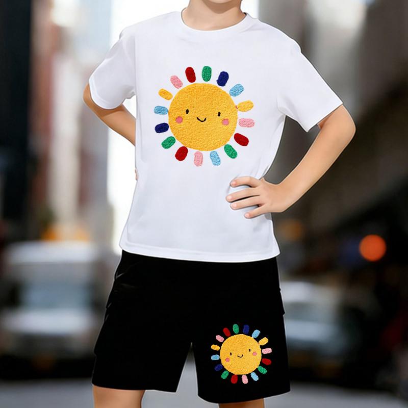 

Boys 2 Piece Rainbow Smiley Sun Print outfit, Short Sleeve T-Shirt and Shorts Set for Kids Age 5-14,Black ,White Sporty Casual Summer Clothes 13-14 Years білий