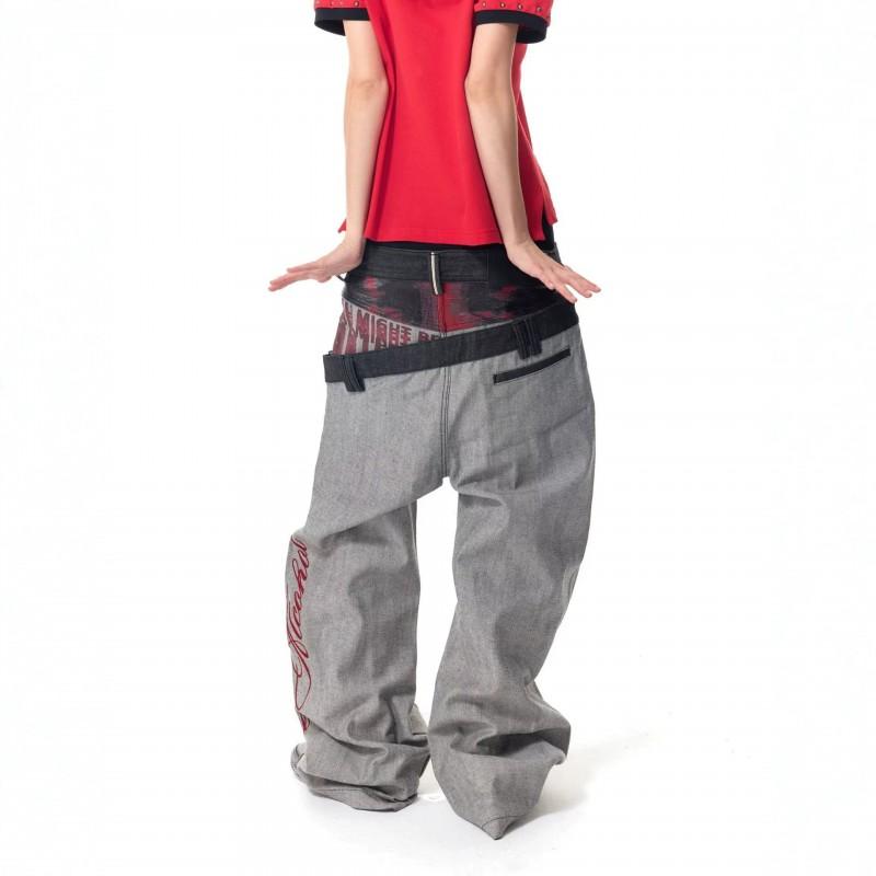 Mens Wide Leg Straight Cut Denim Pants With Double Waistband Retro Washed Style Casual Streetwear