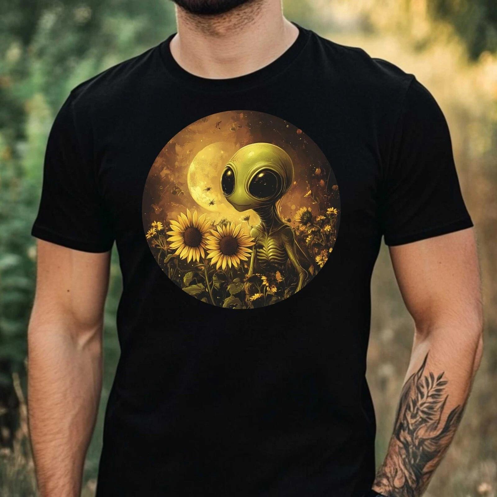 T-Shirt Herren Alien mit Sonnenblume Motiv Baumwolle Größe XS bis 5XL XXL