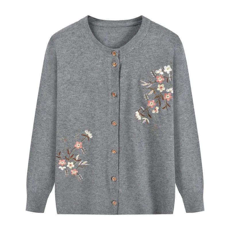 Grandma's Spring Autumn Flower Printing Knitwears Middle-Aged Mother Cardigan Embroidered Knitting Top for Women