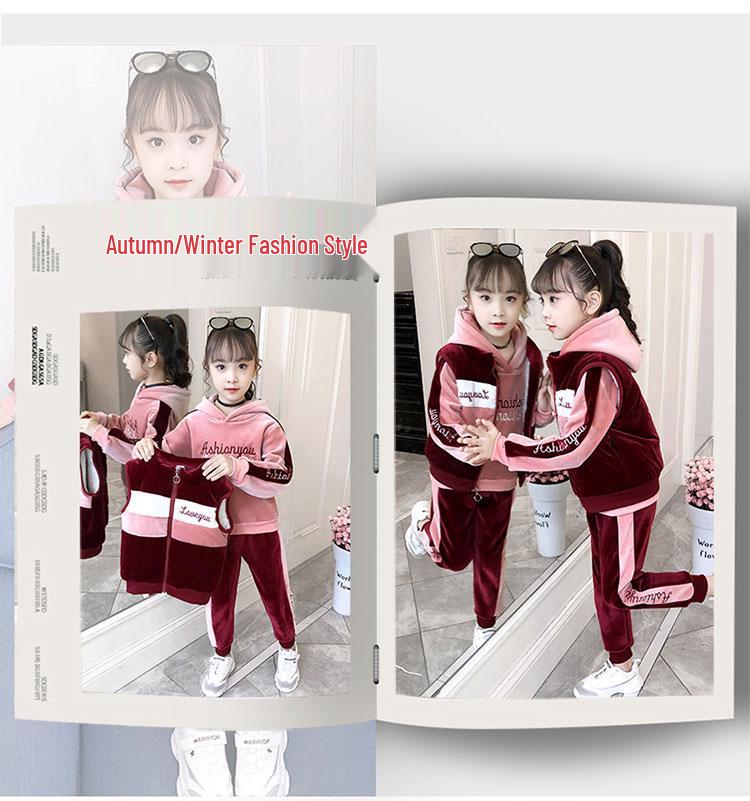 Girls' Winter 3-Piece Set: Sweatshirt, Pants, Vest - Thickened for 2025 Autumn/Winter. Suitable for Middle and Big Kids.