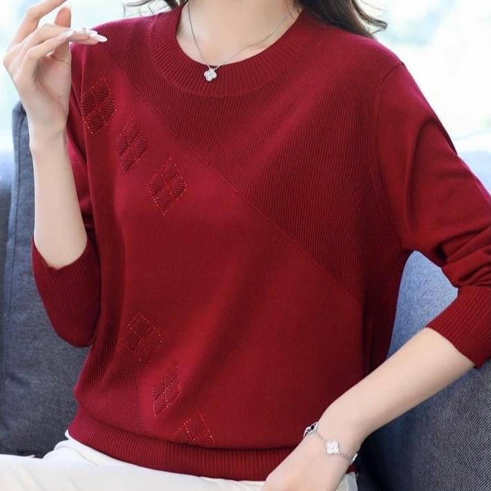 Women's Thin Crew Neck Knit Sweater Spring and Autumn Loose Solid Color Knit Pullover Top
