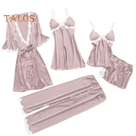 5 Pcs/Set Women Pajamas Suit Nightgown Nightdress Top Shorts Pants Set Silky Satin Lace Patchwork Loose Lace-up Waist Thin Women Homewear Set