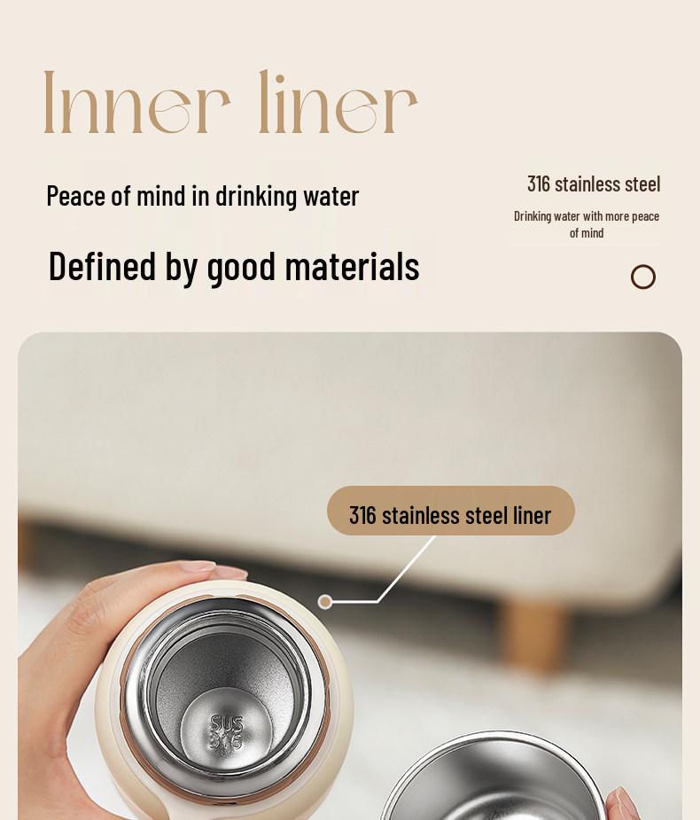 Women's Portable Thermos Mug, Compact 2025 Design, 316 Stainless Steel Lid, Suitable for Drinking Water, Child-Friendly.