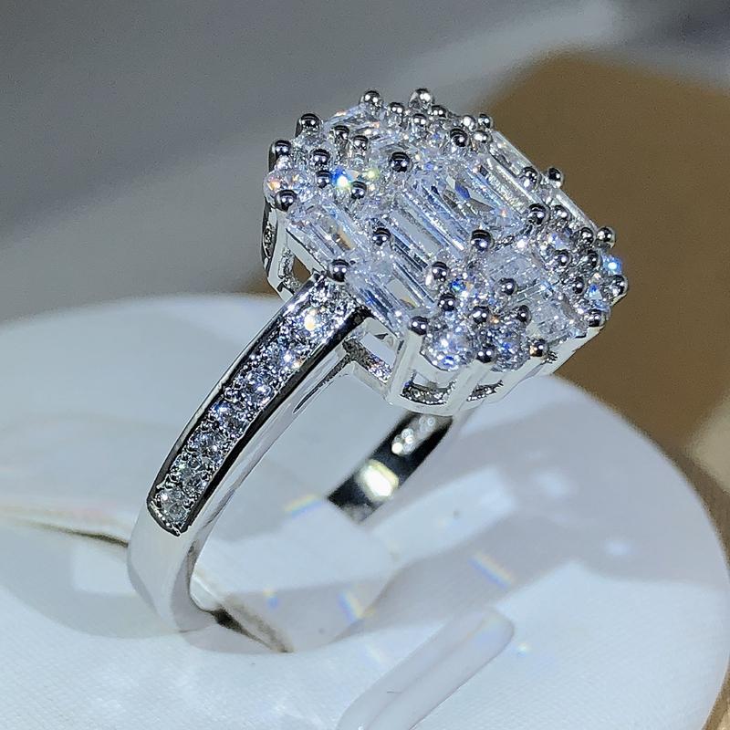 Exquisite Square Zircon Countless Claw Rings  Sterling Silver For Ladies Fashion Jewelry Party Cocktail Gift
