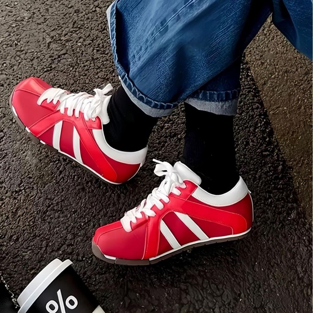 Red German training shoes women's 2025 new leather square head color matching zebra shoes casual sports Forrest Gump shoes