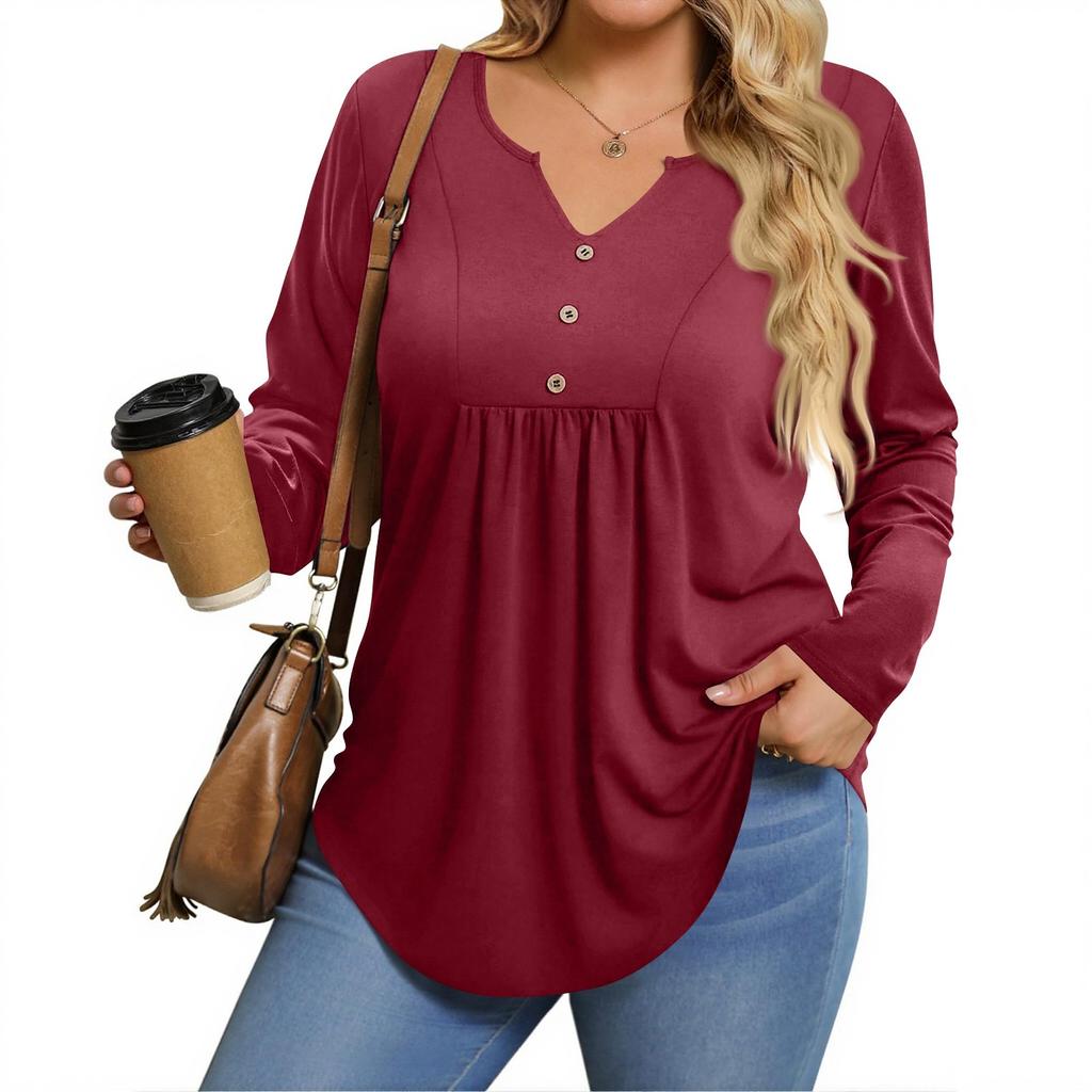 Womens Plus Size Long Sleeve Shirts  V Neck Tunic Tops Basic Loose Fit Tee Tops