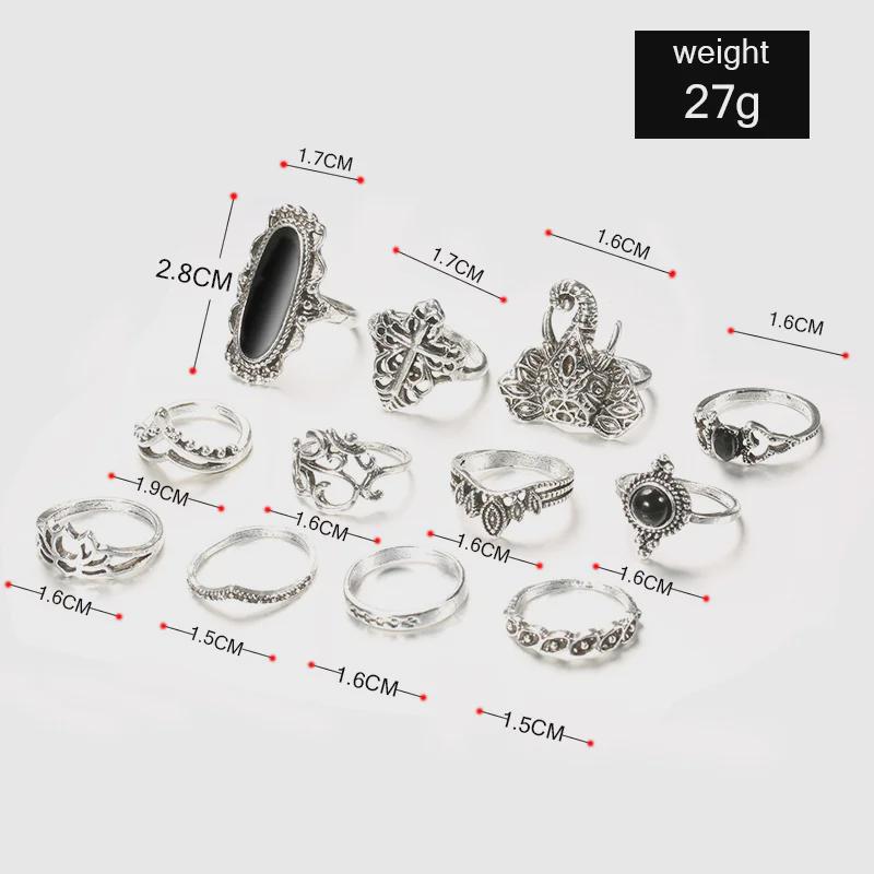 Bohemian Black Gem Elephant 12-teiliges Ringset für Damen