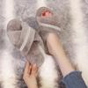 Fashion Luxury Pearl Chain Cross Strap Fur Slippers Women Autumn Round Toe Thick Bottom Outdoor Slides Soft Sole Short Plush Slippers