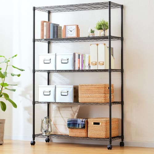 Doshisha Luminous Noir Rack, 5-Tier, 110cm Wide x 40cm Deep, with Casters, Black Steel Storage Shelf, Stylish Kitchen Rack, Rust-Resistant, Easy Assem