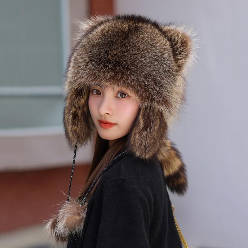 Cozy Raccoon Tail Hat with Ear Muffs for Kids and Adults - American Badger Style Fox Fur Imitation Ear Warmers with Cat Ears