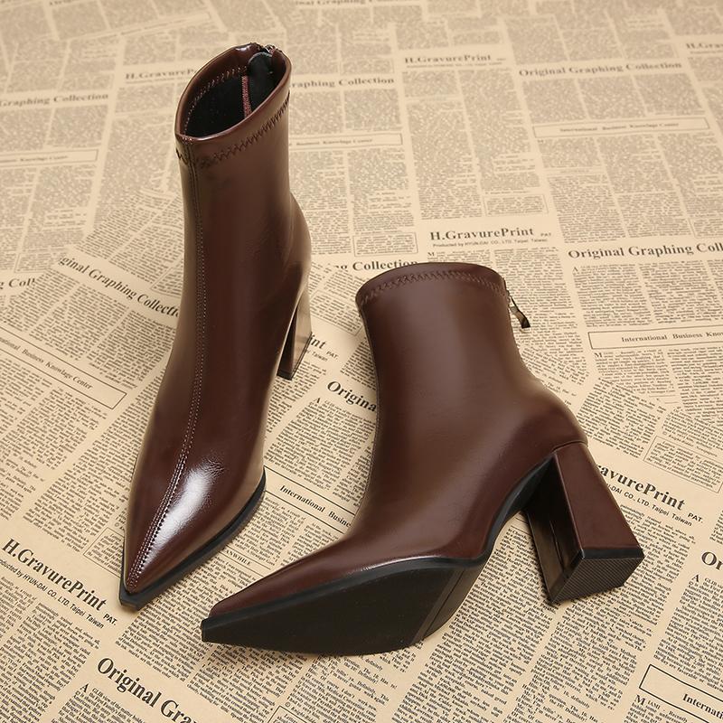 Autumn Winter Fashion Pointed Toe Ankle Boots Women Zippers Thick Heels Shoes Street Style Banquet Party Short Botas Mujer