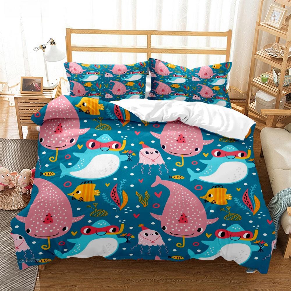 Cartoon Ocean Whale Dolphin Duvet Cover Kids Cute Kawaii Bedding Sets Soft Quilt Cover and Pillowcases Single_Double_Queen_King