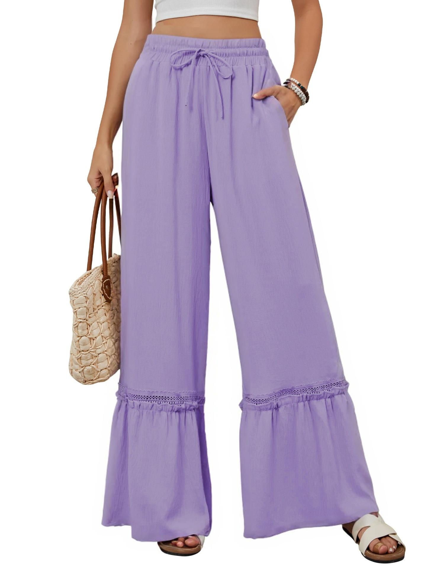 

Women s Wide Leg Pants with Drawstring Waist Lace Trim Boho Casual Beach Trousers 2XL фіолетовий