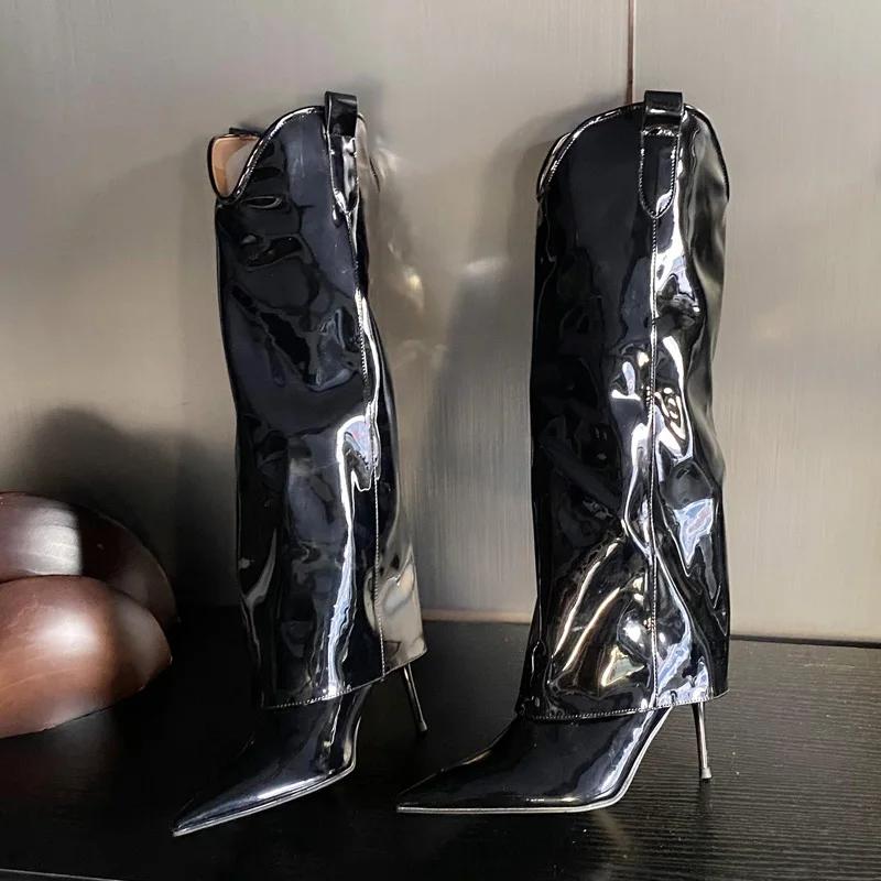 Fashion Eilyken Winter Pointed Toe Patent Leather Women Knee High Boots Sexy Thin High Heels Prom Female Shoes