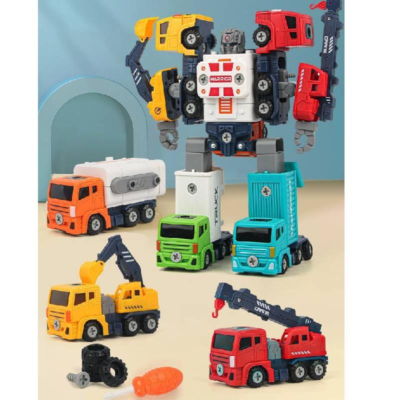 Diy Detachable Engineering Vehicle Toy Set For Boys With Five Colorful Transforming Robots