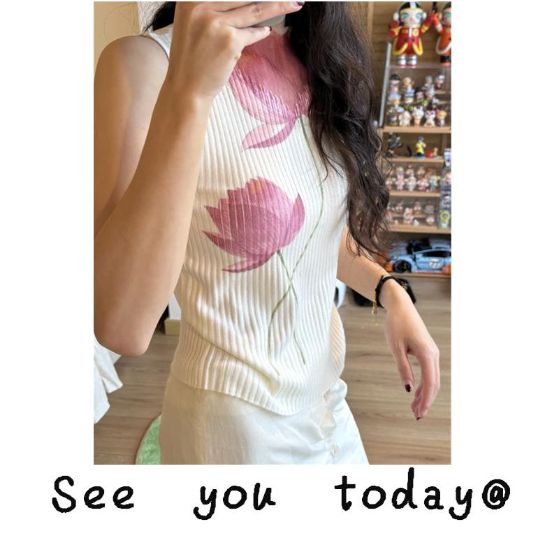 Y2K Millennium New Chinese Style Apricot Lotus Sleeveless Top for Women, Summer Subculture National Style Slim Fit Tank Top for Hot Girls M