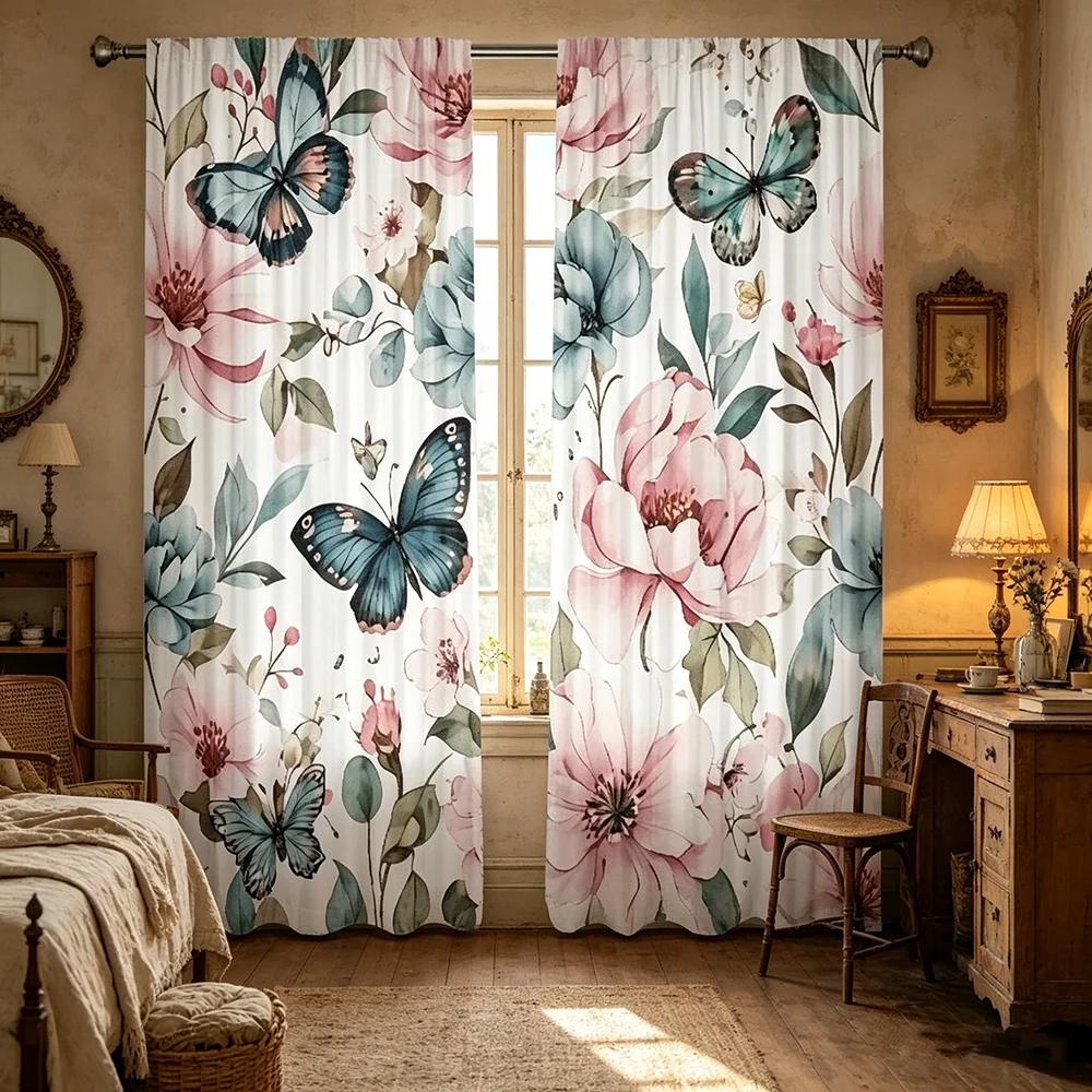 2PCS Digital Printed Curtains, Butterfly Peony Floral Chinese Style, Rod Pocket Window Drapes for Living Room Bedroom Decor