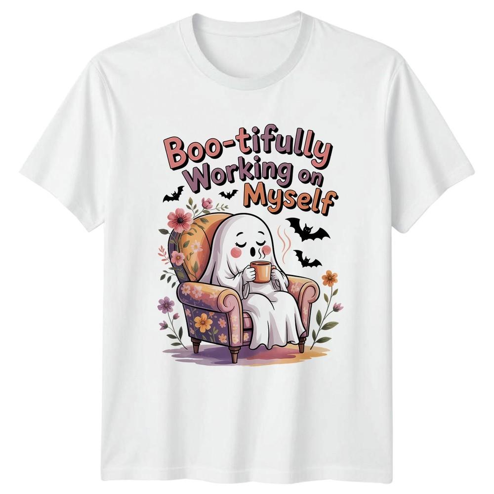 BooTifully Working On Myself Unisexs TShirt Ghost Self Care Halloween Gift S