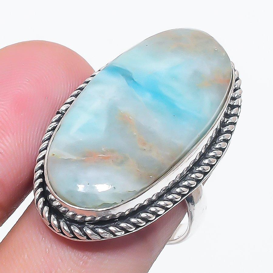 

Natural Larimar Gemstone Handmade 925 Sterling Silver Jewelry Ring Size 7.5 z4w39